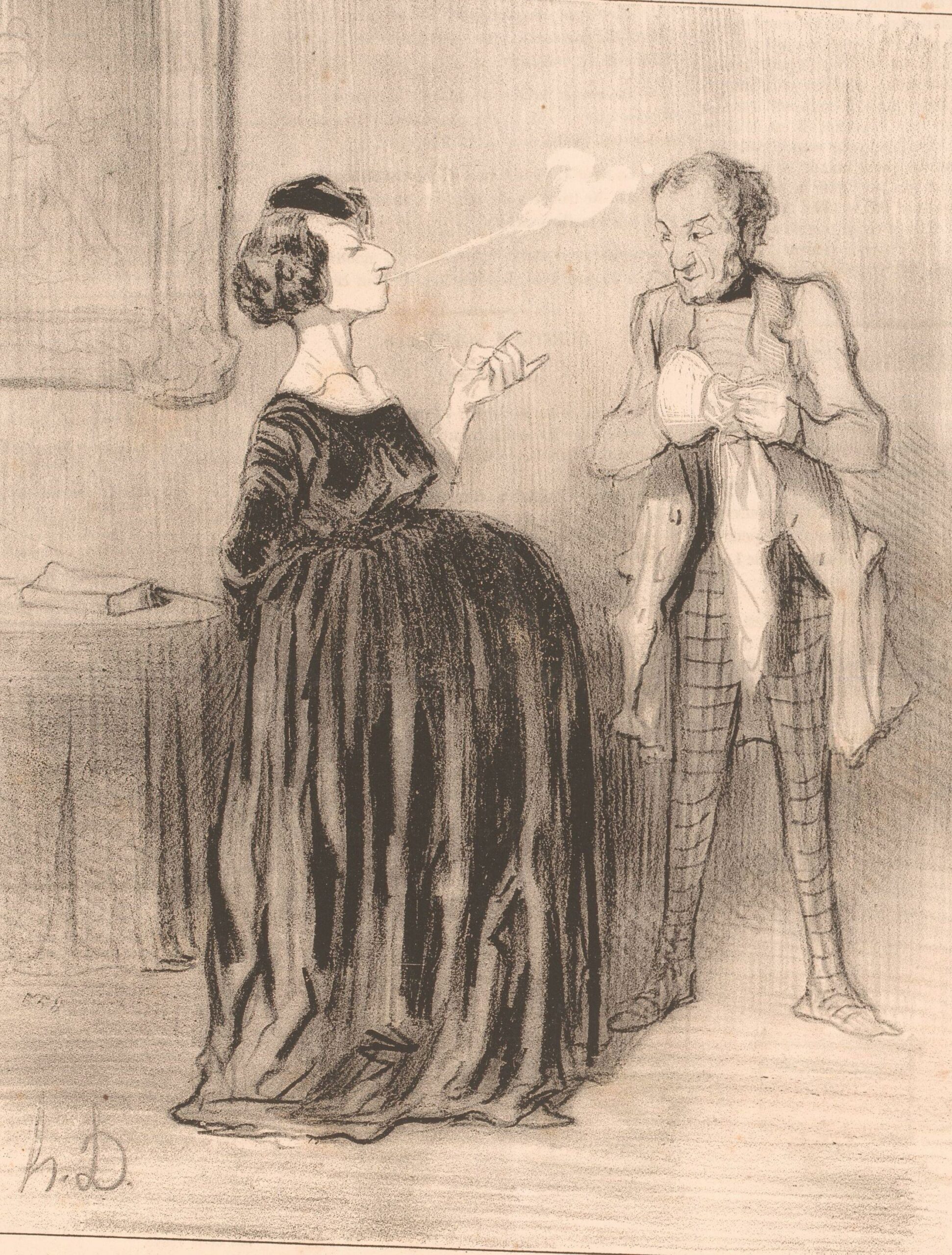 Caricature of a pregnant woman with her husband, Dis donc... mon mari (...) (title on object), Pedantic women (series title), Les Bas-Bleus (series title on object), While smoking a cigarette the woman tells her husband, who is polishing or drying an obje Loire Solar Tour 2022